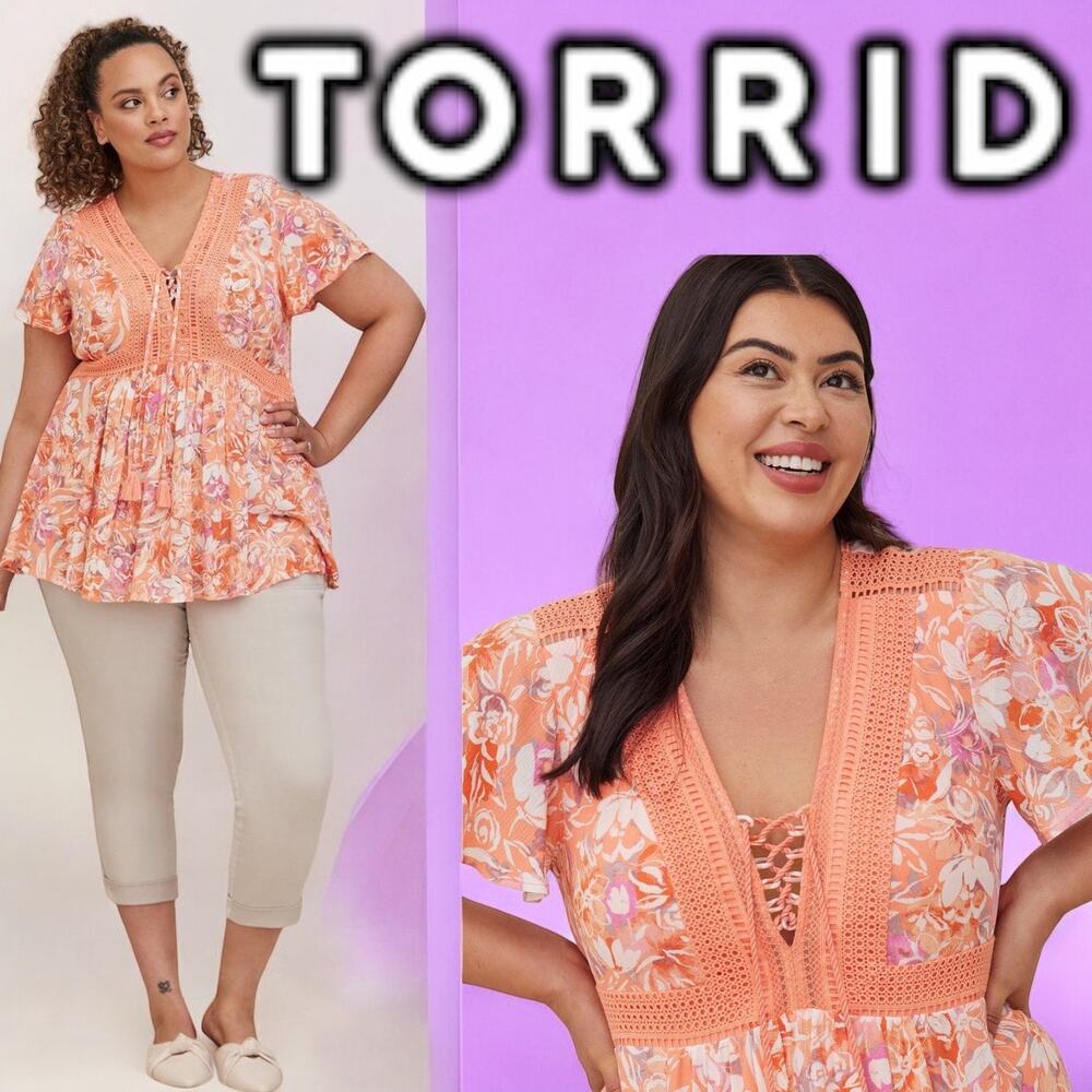 Torrid Blouse | Babydoll Crinkle Gauze Crochet Inset Lace-Up Top | PLUS SIZE 3XL